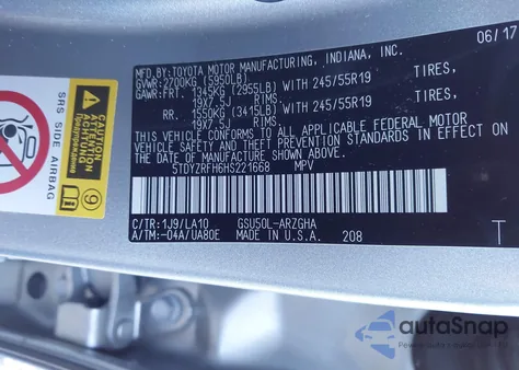 2017 Toyota Highlander Limited из США, поврежденный, VIN 5TDYZRFH6HS221668